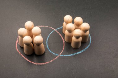 Tahta figürler ve tebeşir çemberleriyle grup karşılaştırması ve segmentasyon kavramı.