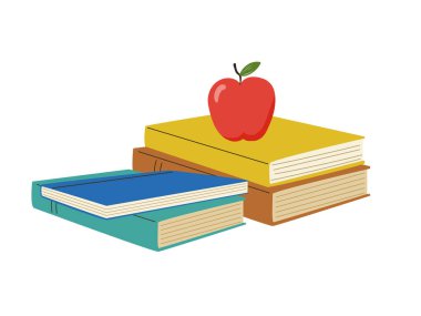 Tepesinde kırmızı elma olan kitaplar, öğrenme kavramları, okul, eğitim