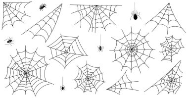 Cadılar Bayramı için örümcekler ve ağlar, karalama tarzı böcekler, örümcek ağları