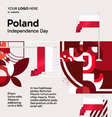 Polonya 'nın Bağımsızlık Günü afişi ve renkli bayrak içinde modern geometrik sanat. Polonya Ulusal Bağımsızlık Gününüz kutlu olsun. Şablon kutlamaları, ulusal etkinlik ve sosyal paylaşım için ideal.
