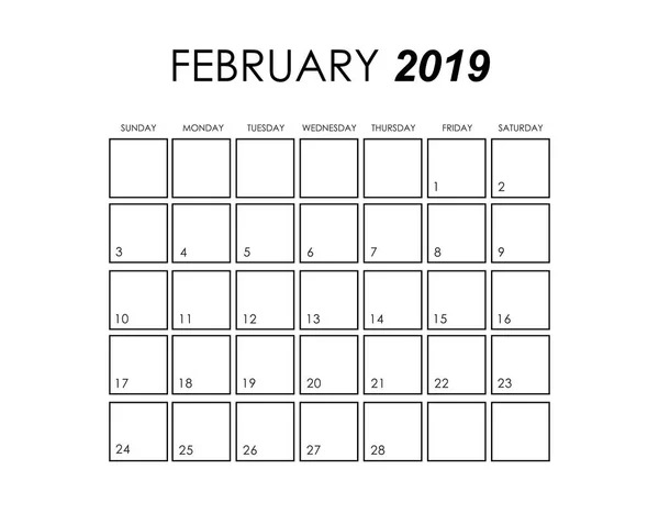 Шаблон календаря на лютий 2019 року — стоковий вектор