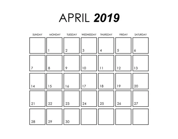 Πρότυπο του ημερολογίου για Απρίλιο 2019 — Διανυσματικό Αρχείο