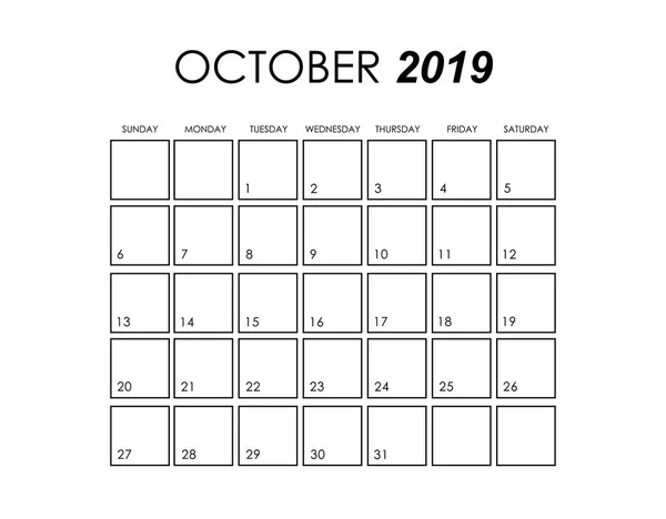Šablona kalendáře pro říjen 2019 — Stockový vektor