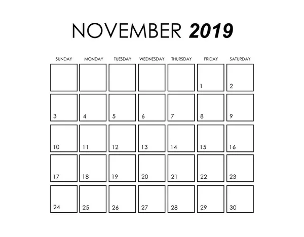 Šablona kalendáře na listopad 2019 — Stockový vektor
