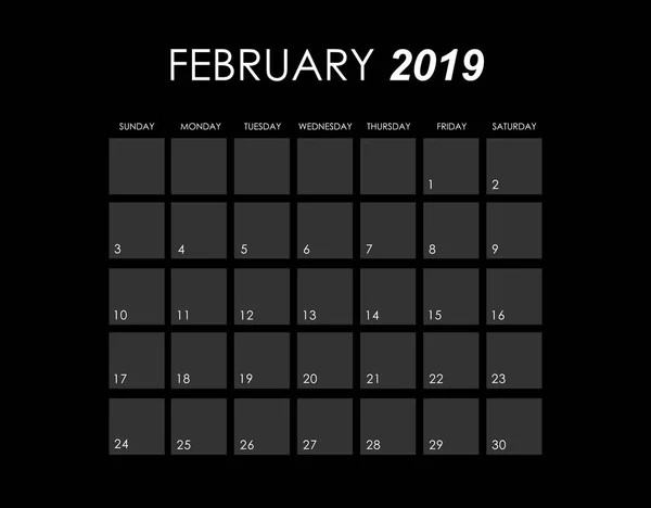 Шаблон календаря на лютий 2019 року — стоковий вектор