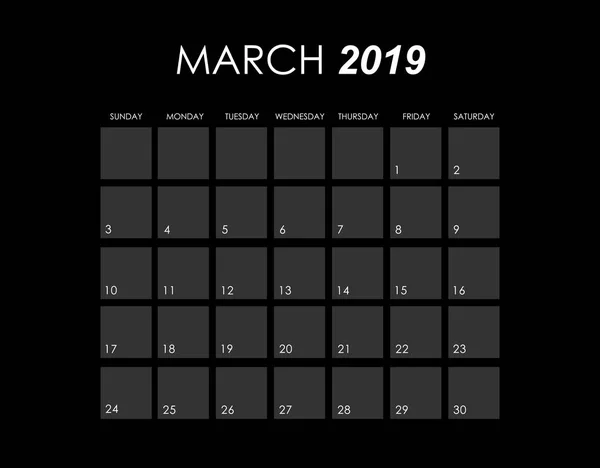 Šablona kalendáře na březen 2019 — Stockový vektor