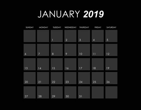 Modèle de calendrier pour janvier 2019 — Image vectorielle