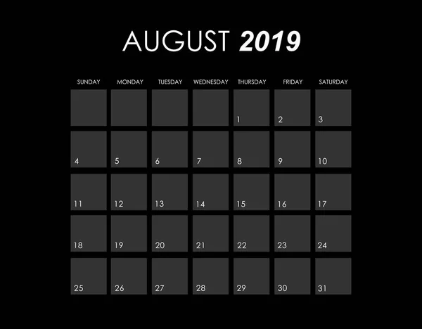 Szablon kalendarza dla sierpnia 2019 r. — Wektor stockowy