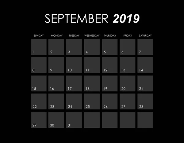 Modelo de calendário para setembro 2019 — Vetor de Stock