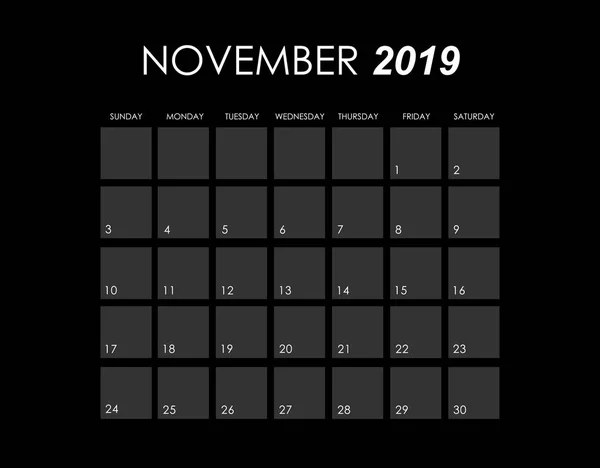 Шаблон календаря на ноябрь 2019 года — стоковый вектор
