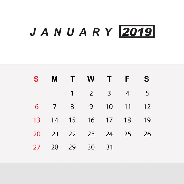 Szablon kalendarza dla stycznia 2019 r. — Wektor stockowy