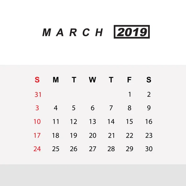 Modèle de calendrier pour mars 2019 — Image vectorielle