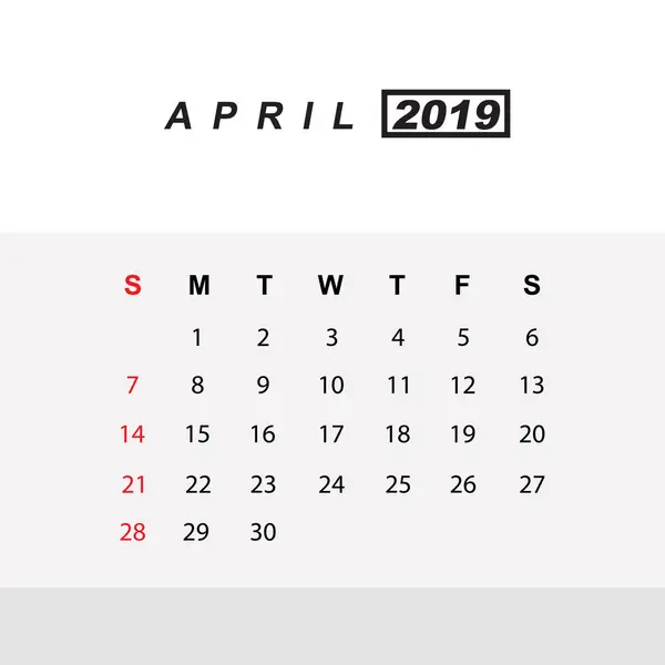 Szablon kalendarza dla kwietnia 2019 — Wektor stockowy