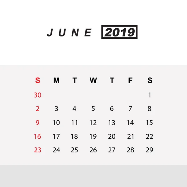 Modelo de calendário para junho 2019 — Vetor de Stock
