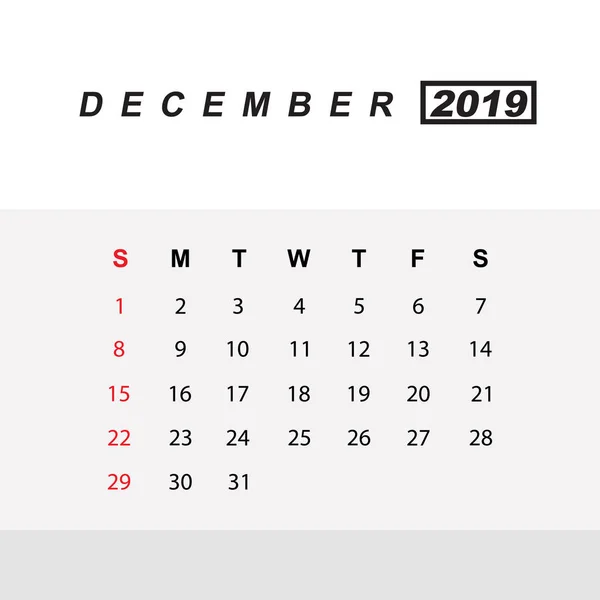 Modelo de calendário para dezembro 2019 — Vetor de Stock