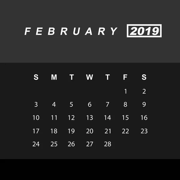 Modèle de calendrier pour février 2019 — Image vectorielle