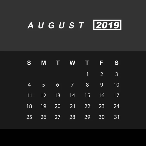 Plantilla de calendario para agosto 2019 — Vector de stock