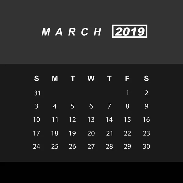 Modèle de calendrier pour mars 2019 — Image vectorielle