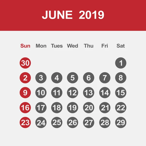 Szablon kalendarza dla czerwca 2019 — Wektor stockowy