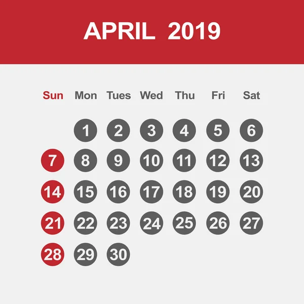 Szablon kalendarza dla kwietnia 2019 — Wektor stockowy