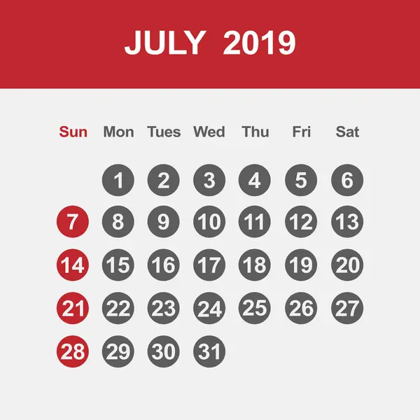 Szablon kalendarza dla lipca 2019 r. — Wektor stockowy