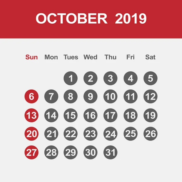 Modèle de calendrier pour octobre 2019 — Image vectorielle