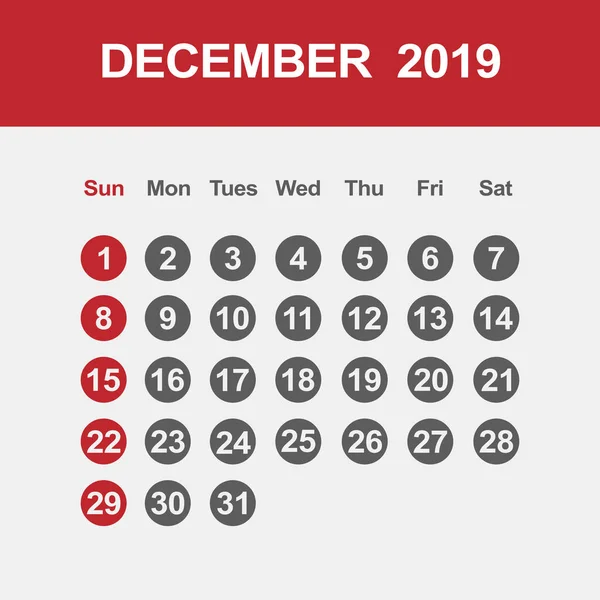 Szablon kalendarza dla grudnia 2019 r. — Wektor stockowy