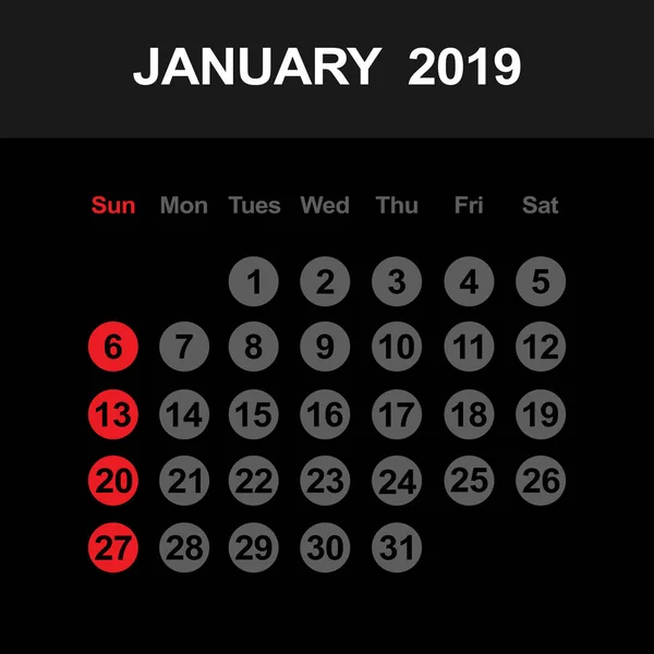 Szablon kalendarza dla stycznia 2019 r. — Wektor stockowy