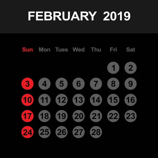 Modèle de calendrier pour février 2019 — Image vectorielle