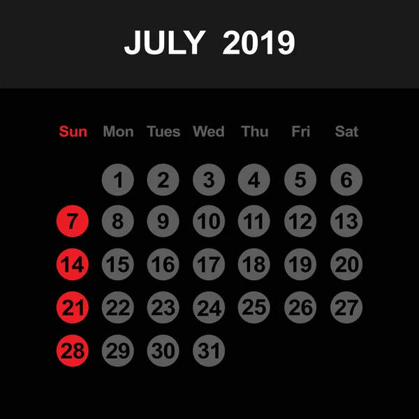 Plantilla de calendario para julio de 2019 — Vector de stock