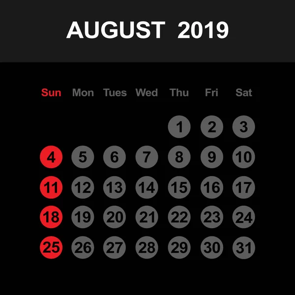 Modelo de calendário para agosto 2019 — Vetor de Stock