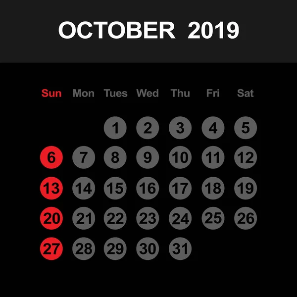 Modèle de calendrier pour octobre 2019 — Image vectorielle