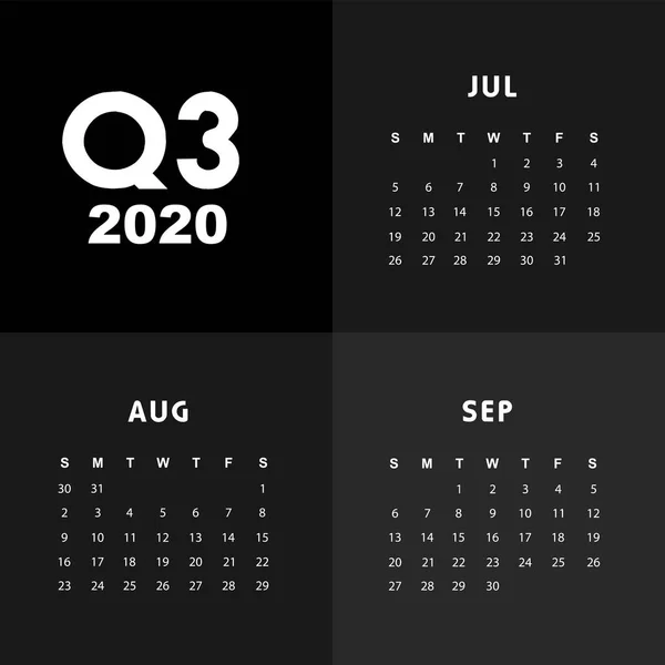 Troisième trimestre du calendrier 2020 — Image vectorielle