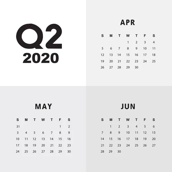 Deuxième trimestre du calendrier 2020 — Image vectorielle