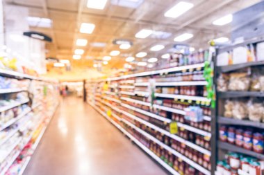 Vintage bulanık soslar, çörekler, rulo, yemek, kek, ekmeği, Latin, Amerika, yiyecekler, salsa, dips koridorda depolamak Humble, Texas, bize. Geniş görüş çeşitli gıdalar, ufuk bulanıklık arka plan raflar