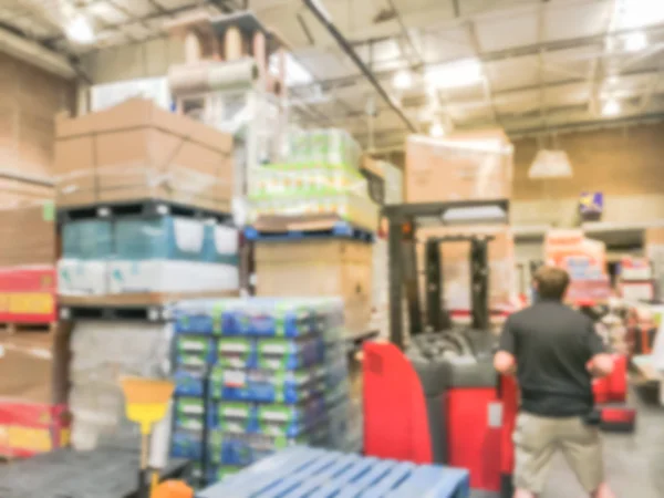 Blurred Large Warehouse Working Forklift Stacking Unloading Goods Defocused Industrial — Stock Photo, Image