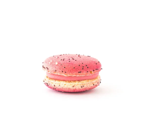 Raspberry macaroon isolated on white background. Studio shot delicious and colorful French macaroon. Pastel colors of sweet food dessert, delicacy, colorful cookies, minimal concept