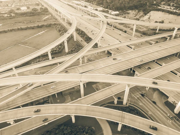 Vintage Tonen Flygfoto Massiva Motorvägen Korsningen Stack Utbyter Med Förhöjda — Stockfoto