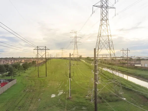 Aerial Industrial Background Group Transmission Towers Power Tower Electricity Pylon — Stock Photo, Image