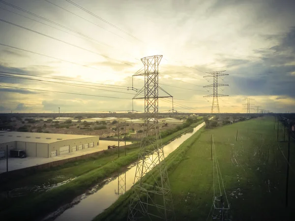 Vintage Tone Aerial Industrial Background Group Transmission Towers Power Tower — Stock Photo, Image