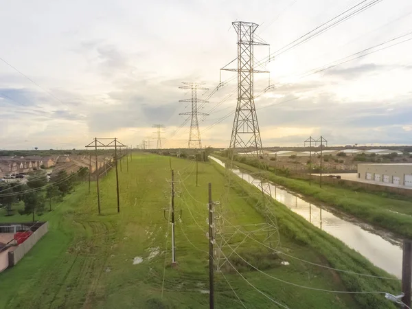 Aerial Industrial Background Group Transmission Towers Power Tower Electricity Pylon — Stock Photo, Image