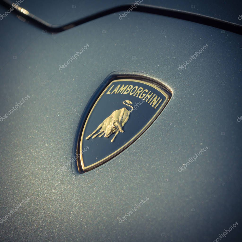 DALLAS, TX, US-JUL 7, 2018:Close-up logo on 2018 Grey Aventador model. Automobili Lamborghini S.p.A. is an Italian brand and manufacturer of luxury sports cars in Sant'Agata Bolognese, Italy, vintage