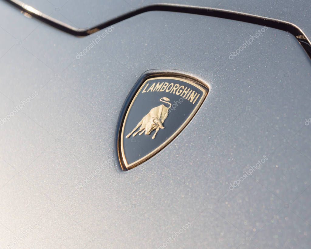 DALLAS, TX, US-JUL 7, 2018:Close-up logo on 2018 Grey Aventador model. Automobili Lamborghini S.p.A. is an Italian brand and manufacturer of luxury sports cars in Sant'Agata Bolognese, Italy