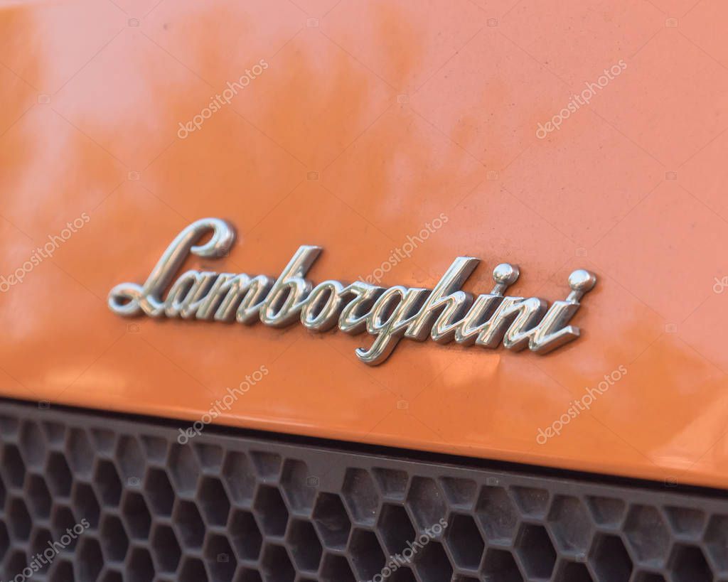 DALLAS, TX, US-JUL 7, 2018:Close-up text logo on Aventador supercar model. Automobili Lamborghini S.p.A. is an Italian brand and manufacturer of luxury sport cars in Sant'Agata Bolognese, Italy
