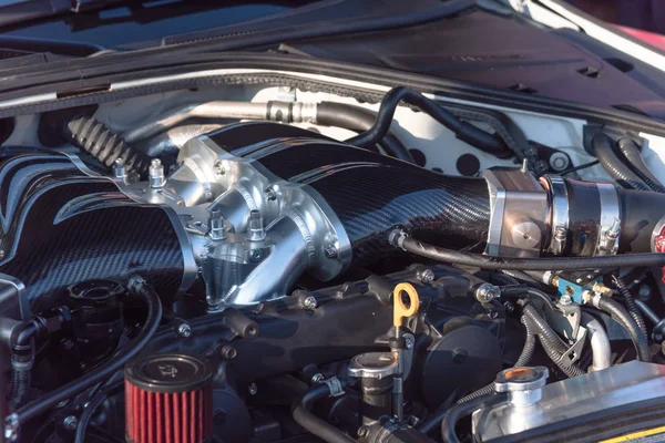 Detalle Potente Moderno Del Motor Del Coche Piezas Nuevas Limpias — Foto de Stock