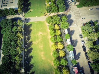 Vintage üst sıra yemek ve gıda teslim kavşak çevreleyen üzerinde satmak için renkli telefon gıda kamyon satıcıları ile yeşil kent park görüntüleyin. Sokak gıda sanayi hava kavramı
