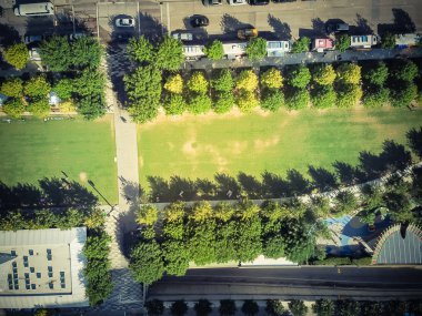 Vintage üst sıra yemek ve gıda teslim kavşak çevreleyen üzerinde satmak için renkli telefon gıda kamyon satıcıları ile yeşil kent park görüntüleyin. Sokak gıda sanayi hava kavramı