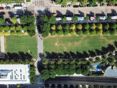 «Ana sayfa» görünümü yeşil renkli telefon gıda kamyon satıcıları yemek ve gıda teslim kavşak çevreleyen üzerinde satmak için sıra ile kentsel park. Sokak gıda sanayi hava kavramı