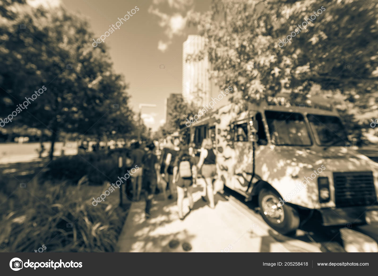 Vintage Blurred Food Truck Vendor Customers Buy Taste