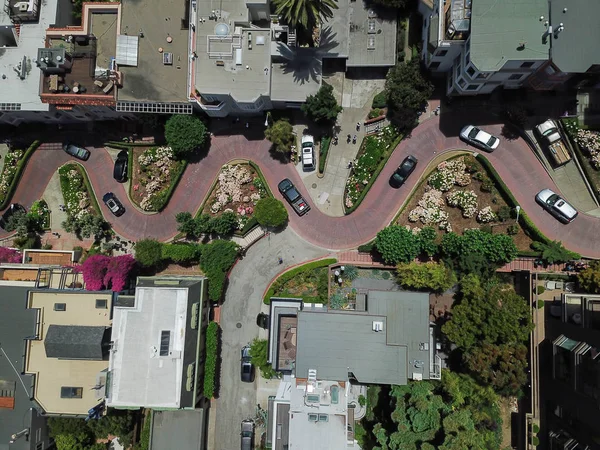 Vintage tone aerial Lombard Street, an east west street in San Francisco, California. Famous for steep, one-block section with eight hairpin turns. Crookedest, steep hills, sharp curves, one-way road